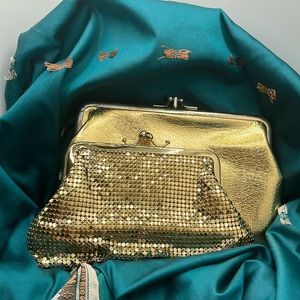 Set of Vintage Gold Clutch Bags “Celebrity NYC” dual pocket and Gold Mesh